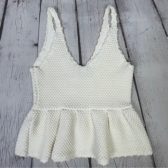 7 FOR ALL MANKIND boho knit crochet peplum top in gardenia, size S - Picture 8 of 11